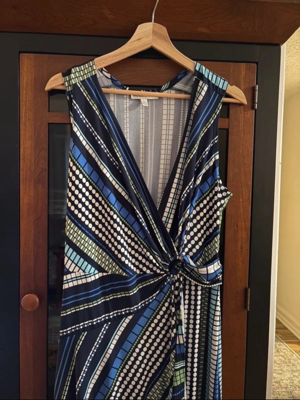Robbie Bee Navy, Blue, White & Green Twist-Front Sleeveless Dress
